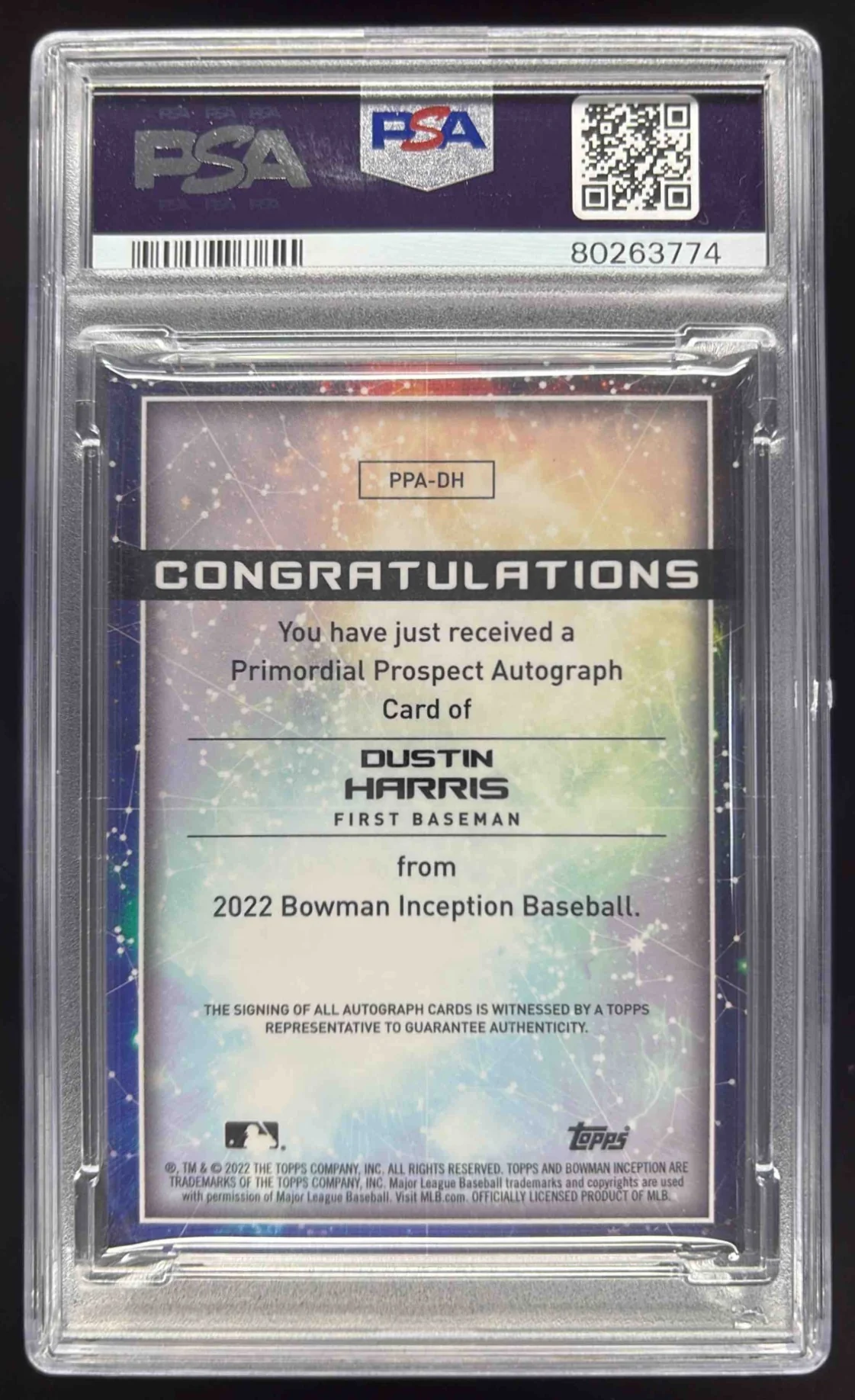 2022 Bowman Inception Primordial Gold Foil #PPA-DH Dustin Harris Auto /50 PSA 10 - Image 2