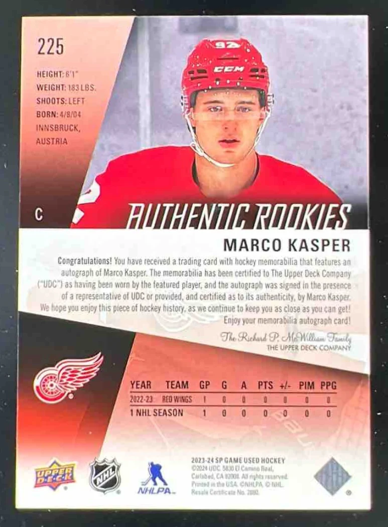 2023-24 SP Game Used Auto Jersey #225 Marco Kasper Autograph RC Auto /99 - Image 2