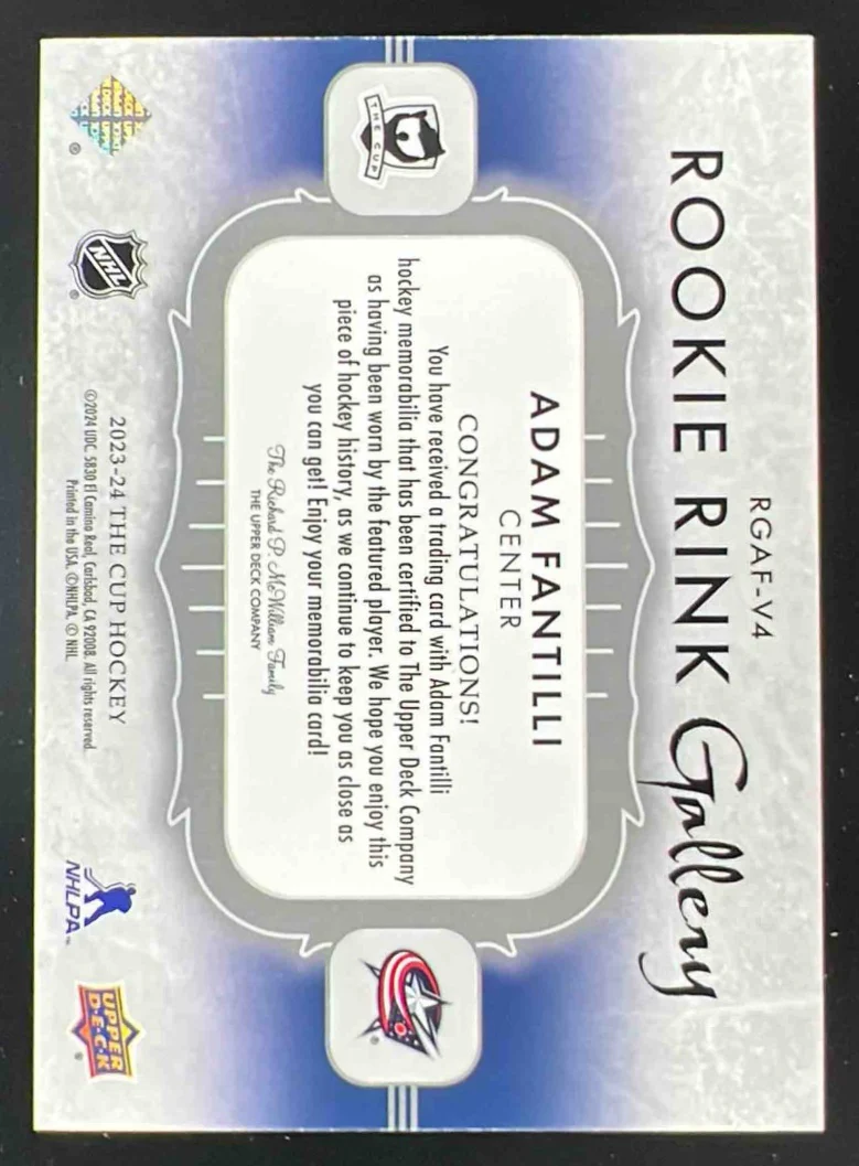 2023-24 The Cup Rookie Rink Gallery Jersey #RGAF-V4 Adam Fantilli /49 - Image 2