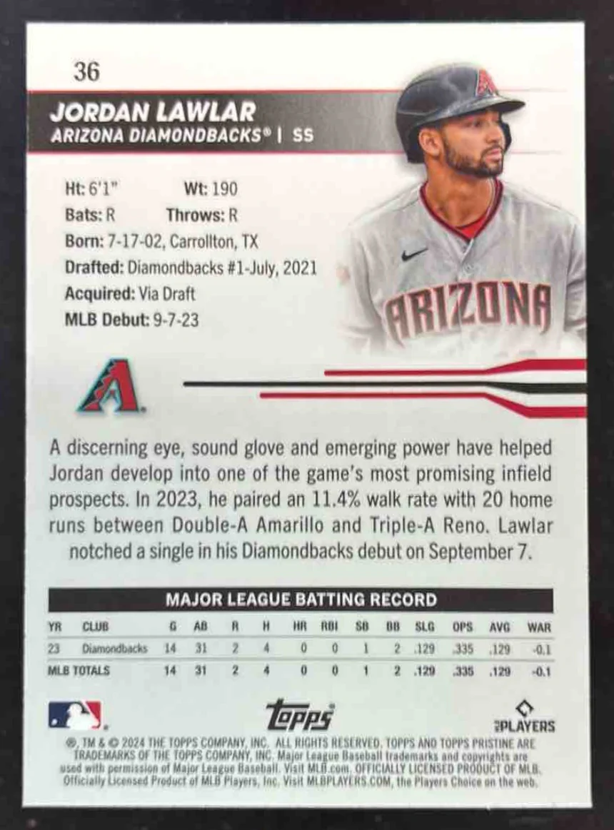 2024 Topps Pristine Orange Refractor #36 Jordan Lawlar RC /25 - Image 2
