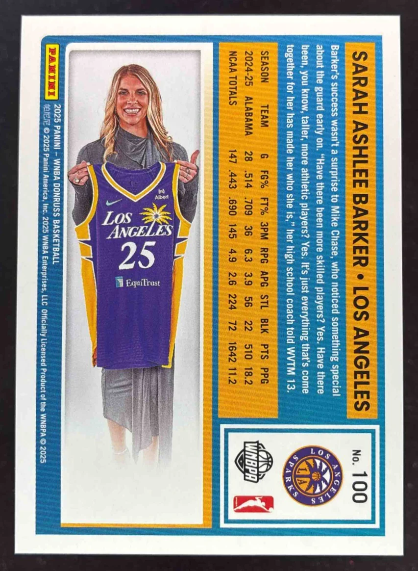 2025 Donruss WNBA Rated Rookies Purple Laser #100 Sarah Ashlee Barker RC /99 - Image 2